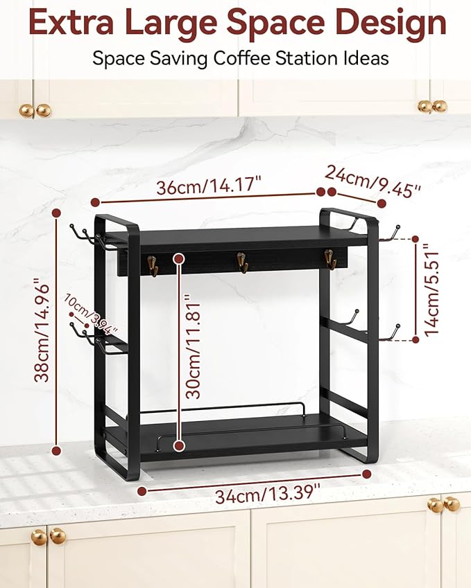 IBUYKE Coffee Bar Station Countertop Organizer,2 Tier Kitchen Mug Cup Holder Stand,Wooden Coffee Mug Organizer with 18 Hooks,Multifunctional Mug Tree for Home Kitchen, Office,Black UTBJ006B