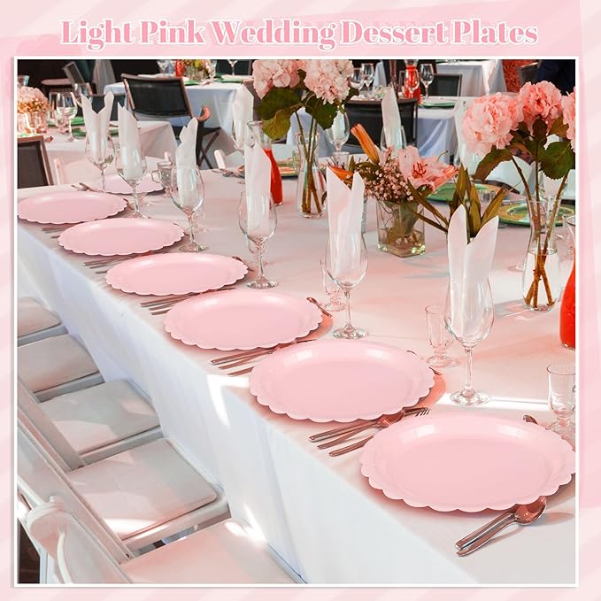 30 Pcs Pink Plates, 7 Inch Pink Dessert Cake Plates Scalloped Small Birthday Party Plate for Wedding, Bridal Baby Shower, Mothers Day