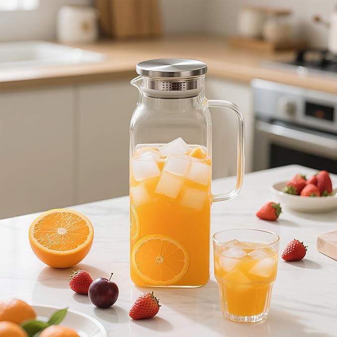 68 oz Borosilicate Square Glass Pitcher with Lid and Spout, Heat Resistant -4°F to 302°F, Lightweight Water Pitchers, Water Jugs, Glass Carafe with Handle, Ideal for Fridge Storage(2Pack)