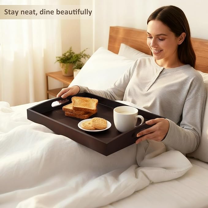 Bamboo Serving Tray with Handles, Set of 2 Large Wood ServingTrays for Food & Coffee, Elegant Wooden Tray for Breakfast in Bed, Kitchen & Party - Black Walnut Finish