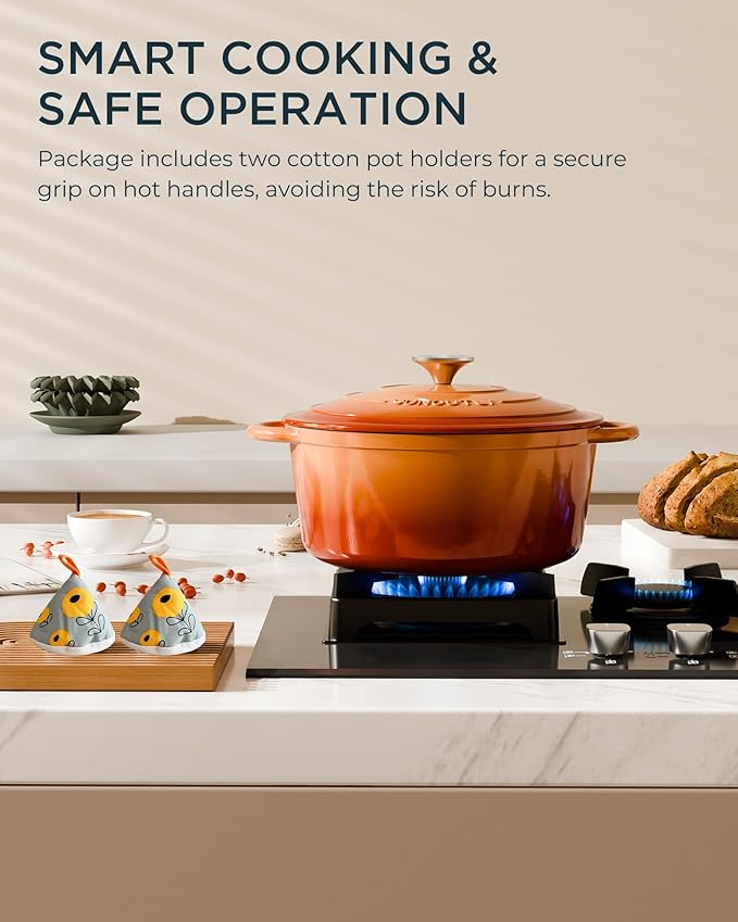 Enameled Cast Iron Dutch Oven - 4.5QT Dutch Oven Pot with Lid & Cotton Potholders - Heavy-Duty Non Stick Casserole Pot for Braising, Stews, Roasting, Baking, Suitable for All Stovetops, Vibrant Orange