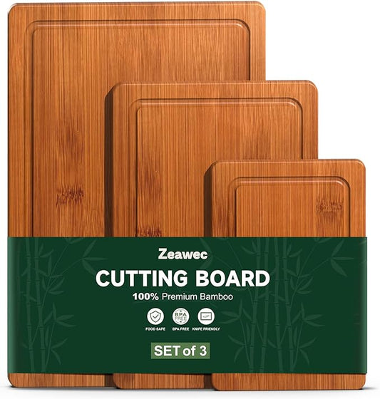 3-Piece Set Bamboo Cutting Board for Kitchen - Crack-Resistant Wood Chopping Boards with Deep Juice Grooves, Pre-Oiled Butcher Block for Meat, Vegetables & Cheese, Carbonized