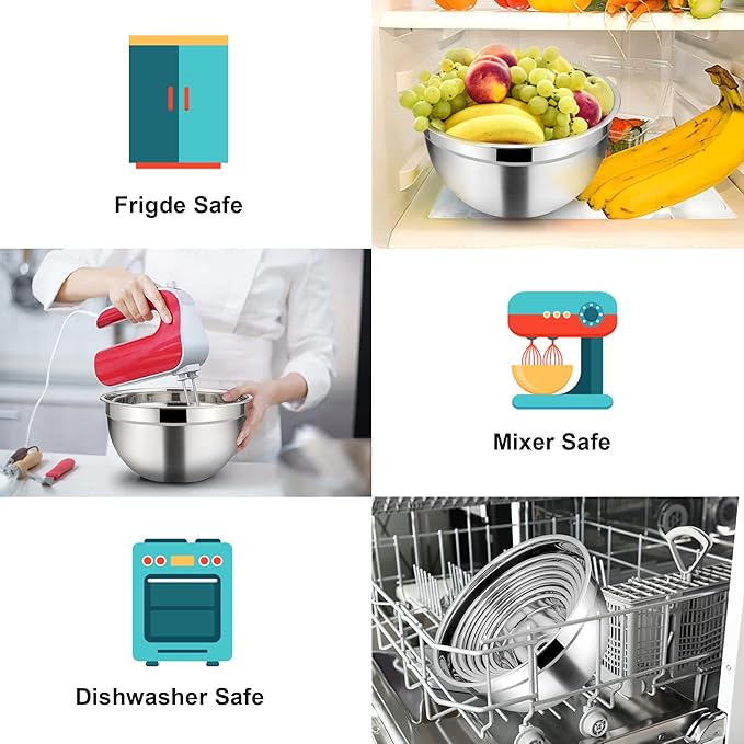 TeamFar Mixing Bowls with Lids, 7 Pieces Stainless Steel Metal Nesting Salad Bowls for Baking Prepping Serving, 7, 4.5, 3, 2.5, 1.5, 1.2, 0.7 QT, Non-Toxic & Sturdy, Airtight Lid & Easy Clean, Khaki
