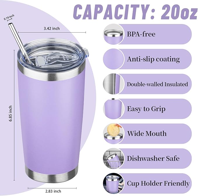20 oz Tumbler with Lids and Straws, Stainless Steel Insulated Travel Coffee Mug, Double Wall Vacuum Insulated Tumblers, Powder Coated Coffee Tumbler for Cold & Hot Drinks (Light Purple,6pack)
