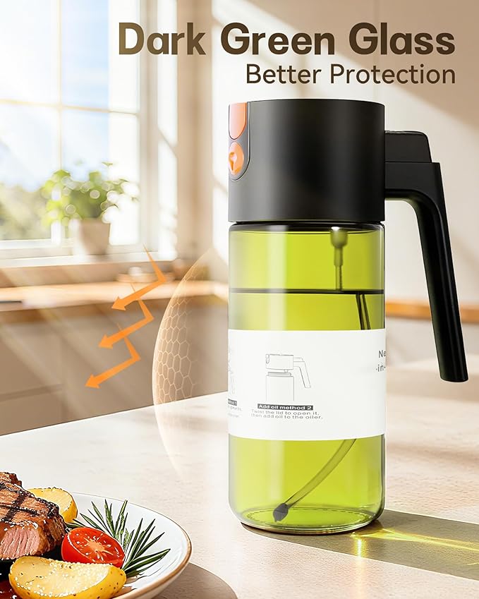 Upgrade 2 in 1 Oil Sprayer for Cooking, 17oz Light-Blocking Glass Olive Oil Dispenser Bottle for Kitchen,Food-Grade Oil Mister with 8 Stickers(2PCS)