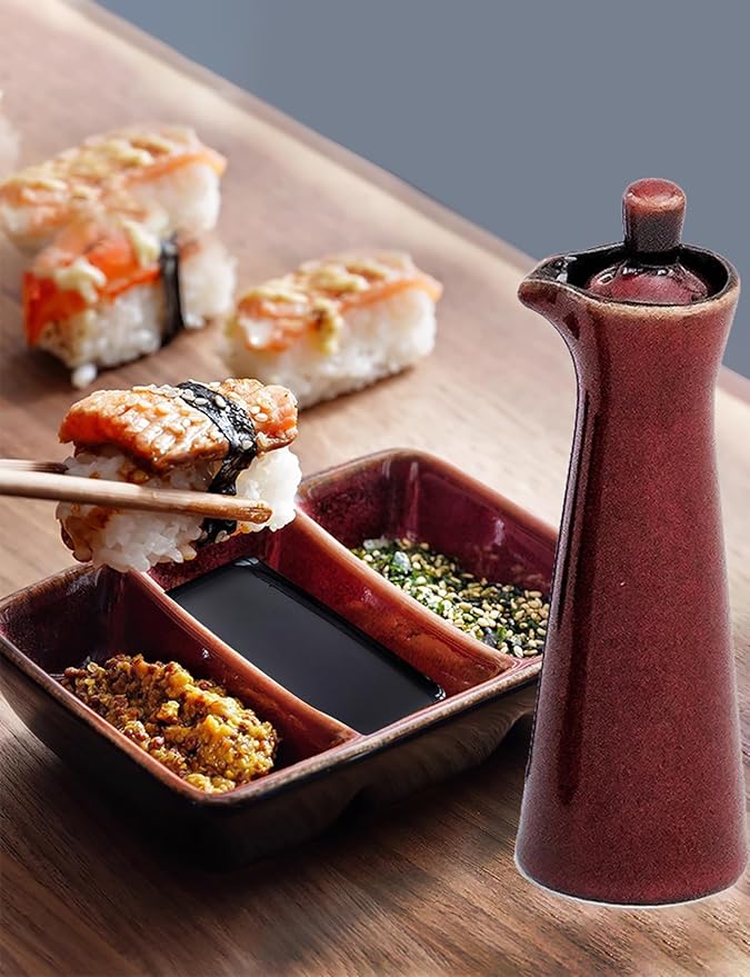 Ceramic Olive Oil Dispenser Bottle,Japanese Shoyu Soy Sauce Dispenser 4 Oz Oil Bottles for Kitchen,Vinegar Container Jar Suitable for Storage Coffee Syrups (red)
