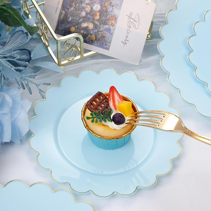 LIYH 60 Pcs Baby Blue Plastic Plates with Gold Edge - Disposable Light Blue Plastic Easter Plates Includes 30 Dinner Plate 10.25" and 30 Dessert Plate 7.5" for Party Birthday Easter