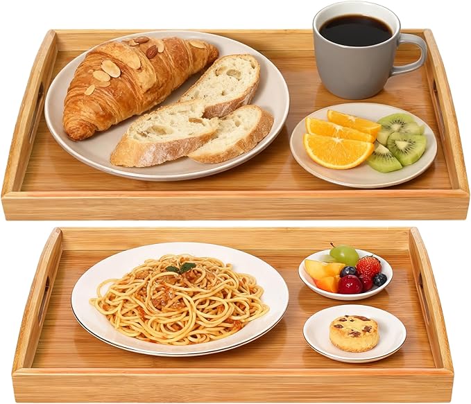 2-Pack Bamboo Serving Trays with Handles, 16" and 13", Decorative Food Tray Set for Breakfast, Coffee, Tea, Snacks, Ideal for Coffee Table, Ottoman, Living Room & Kitchen