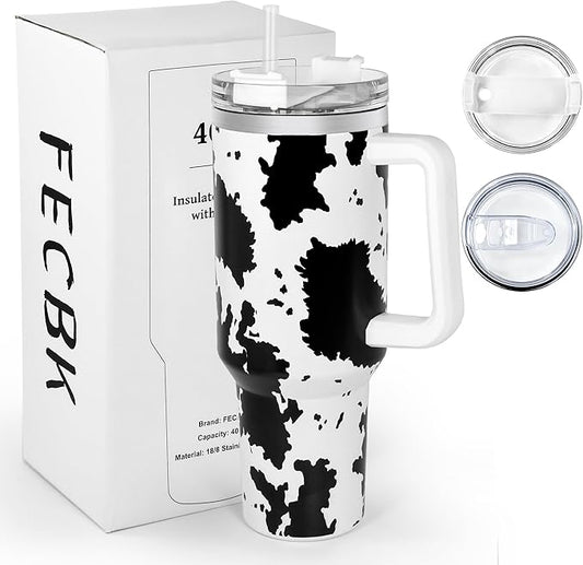 40 oz Cow Tumbler with Handle and Straw, 100% Leak-Proof Travel Mug, Stainless Steel Double Wall Vacuum Insulated Coffee Cup Keeps Cold For 34 Hours, White Cow