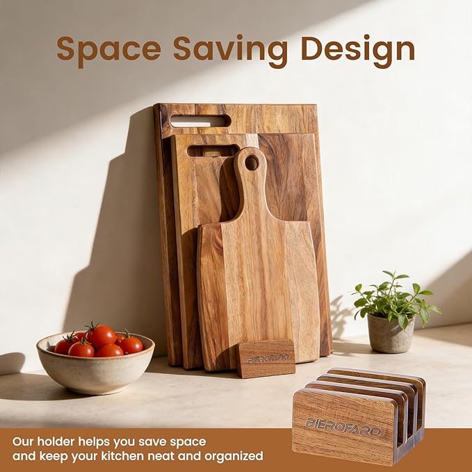 Acacia Wood Cutting Board Set of 3 with Stand – Kitchen & Charcuterie Serving Boards, Multi-Size Wooden Chopping Boards for Meat, Veggies & Fruit, Easy Clean & Space-Saving Display