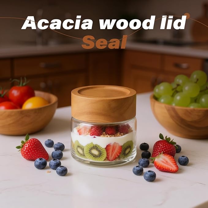 2-Pack 4 fl oz Leakproof Mason Jars with Airtight Acacia Wood Lids - Small Glass Food Storage Containers for Overnight Oats, Spices, Snacks, Kitchen Pantry Organization