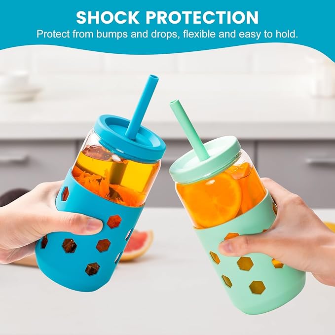 16 oz Glass Cups With Lids and Straws, 4-Pack Iced Coffee Cup - Smoothie Cup With Silicone Lid and Sleeve for Coffee Bar Accessory, Cute Drinking Glasses Set Reusable Glass Tumbler for Gifts