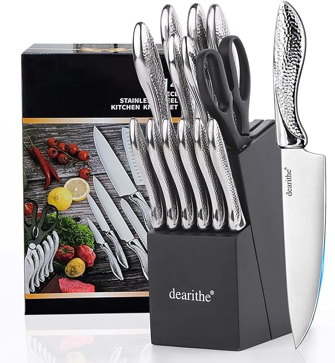 Knife Sets for Kitchen with Block, 14 Piece High Carbon Stainless Steel Knife Block Set with Built-in Sharpener, Professional Kitchen Knife Set, Hammered Pattern Hollowed Handle Design