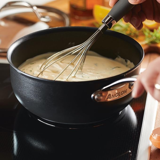 Anolon X SearTech Aluminum Nonstick Cookware Saucier with Lid, 2.5 Quart, Super Dark Gray