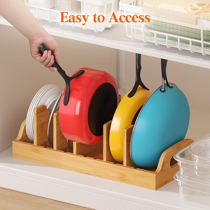 Lifewit Bamboo Pot Lid Organizers for Inside Cabinet, Pot and Pans Lid Holder with 6 adjustable Inserts & 7 Compartments, Lid Storage for Kitchen Pantry Organization, 15.6" X 8.1"/40 x 21cm