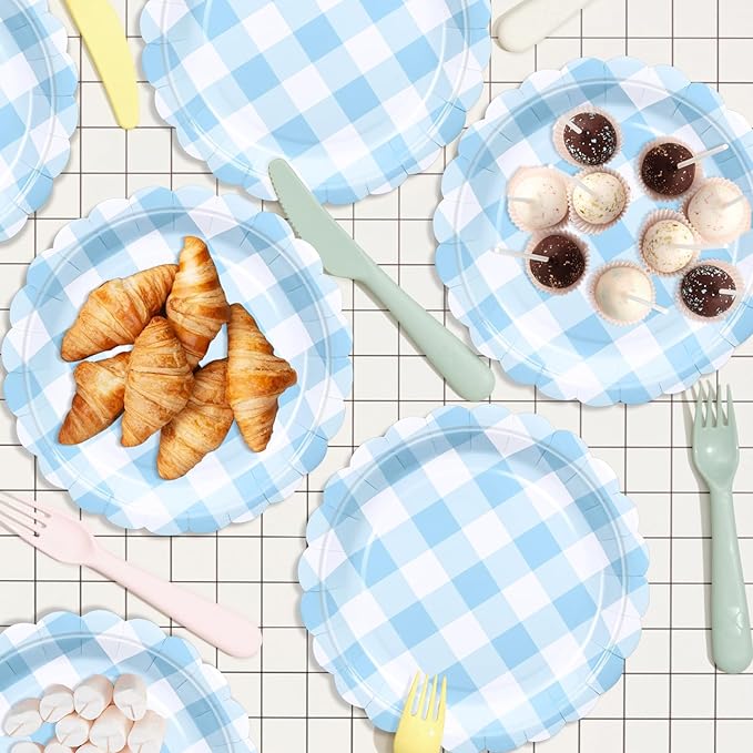 48 Pcs 7" Blue Gingham Paper Plates Light Blue & White Scalloped Checkered Party Plates, Pastel Plaid Dessert Table Supplies for BBQ Gathering Picnic Baby Shower Birthday Dinner Party Tableware