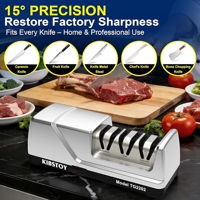 Professional 3-Stage Electric Knife Sharpener for Kitchen Knives, with 100-Percent Diamond Abrasive 15° Precision Angle Guide Quickly Sharpening, Polish Blades/Repairing/Restoring