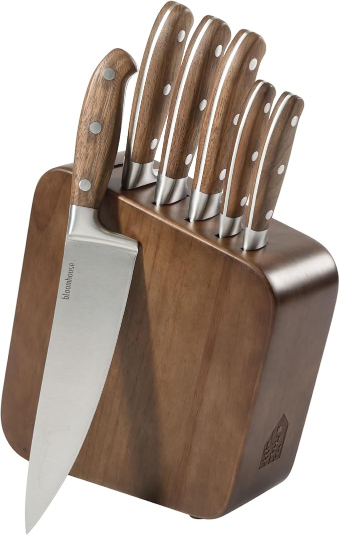 Bloomhouse 7 Piece Italian Walnut Wood Knife Block Set W/German Steel Forged Knives