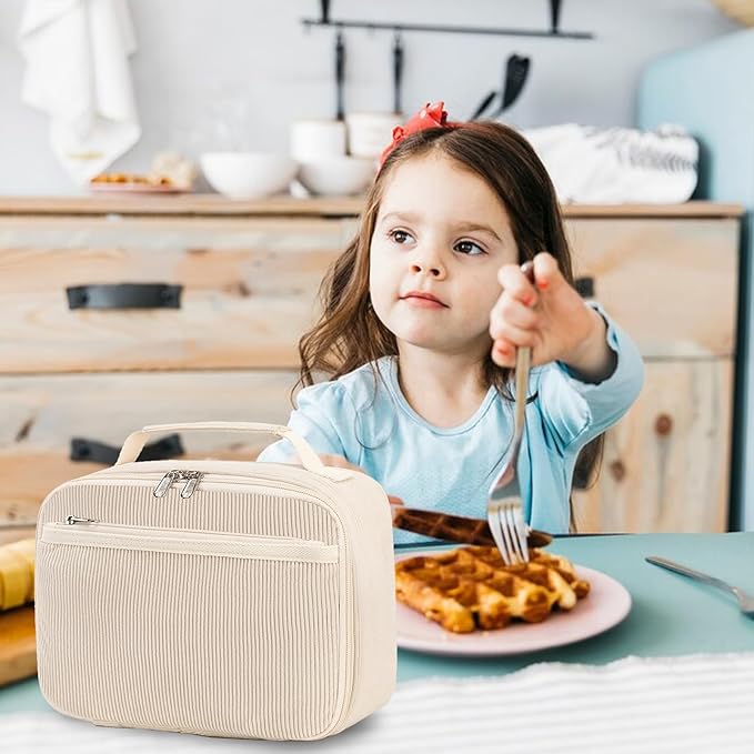 LEDAOU Lunch Bag Kids Insulated Lunch Box Girl Boy Insulated Reusable Lunch Bag for School Picnic Hiking Work (cream-coloured)