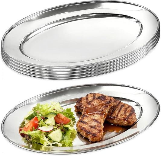 6 Packs Stainless Steel Oval Platter, Metal Plates, Oval Aluminum Platter for Decorative Snack Candy Pizza Fruit Camping Sliver Long & Deep 13 x 8.4 Inch