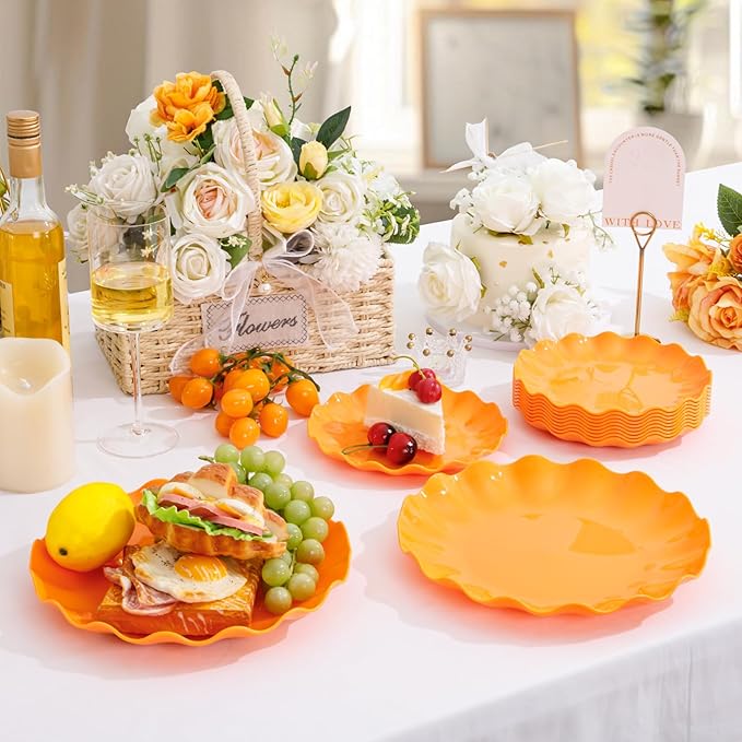 LIYH 50 Pcs Orange Scalloped Heavy Duty Reusable Unbreakable Plastic Plates for Party, Dishwasher Safe BPA Free (25 Guests) - 10 Inch Dinner Plate and 7.5 Inch Dessert Plates