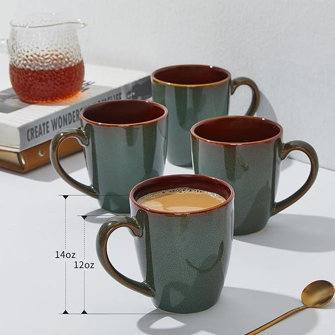 Coffee Mug 14 oz, Ceramic Coffee Mugs Set of 6, Reactive Glaze Mug for Latte/Tea/Cappuccino, Large Stackable Mug Set for Men, Women, Dad, Mom, Dishwasher & Microwave Safe, Brown Green