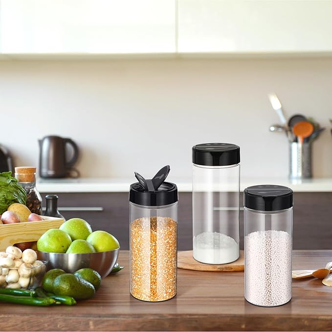 Zhehao 24 Pieces Plastic Spice Containers Plastic Spice Bottles Clear Reusable Large Empty Seasoning Jars with Shaker Lids for Kitchen Storage Seasoning Powder Herbs(21 oz,Cylinder,Clear and Black)