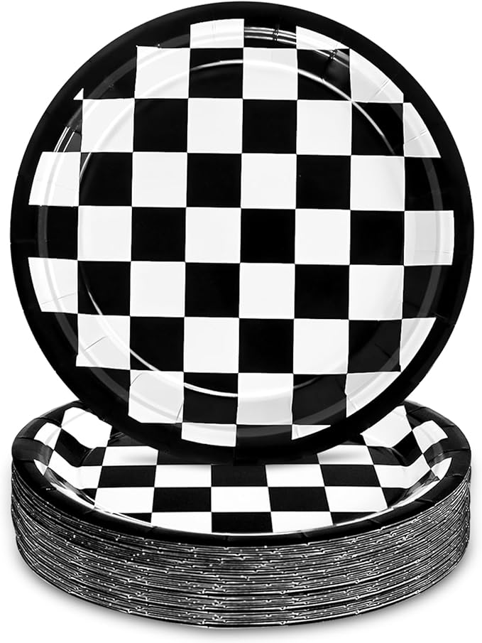 48 Pcs 7" Black Checkered Paper Plates Light Black & White Gingham Flag Party Plates, Plaid Dessert Table Supplies for Race Car BBQ Gathering Picnic Baby Shower Birthday Dinner Party Decorations
