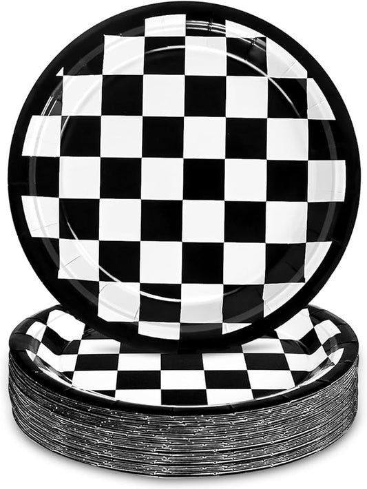 48 Pcs 7" Black Checkered Paper Plates Light Black & White Gingham Flag Party Plates, Plaid Dessert Table Supplies for Race Car BBQ Gathering Picnic Baby Shower Birthday Dinner Party Decorations