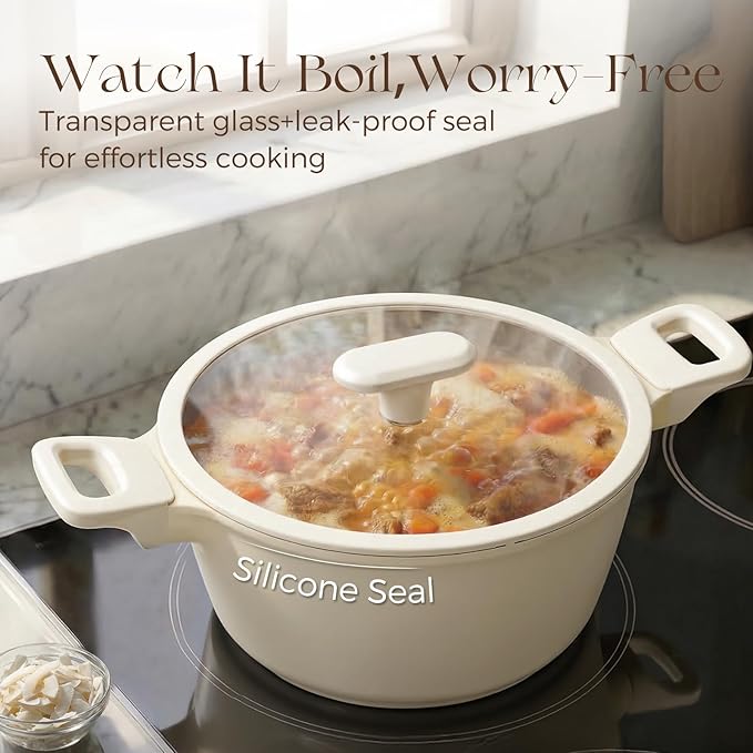PRICUSIS Ceramic Nonstick Stock Pot with Silicone Rim Glass Lid, 4.5/7QT Soup Pot Casserole, Cooking Pot, Induction Compatible, Dishwasher Safe, Ideal for Pasta & Stews, PTFE PFOA Free, Coconut White