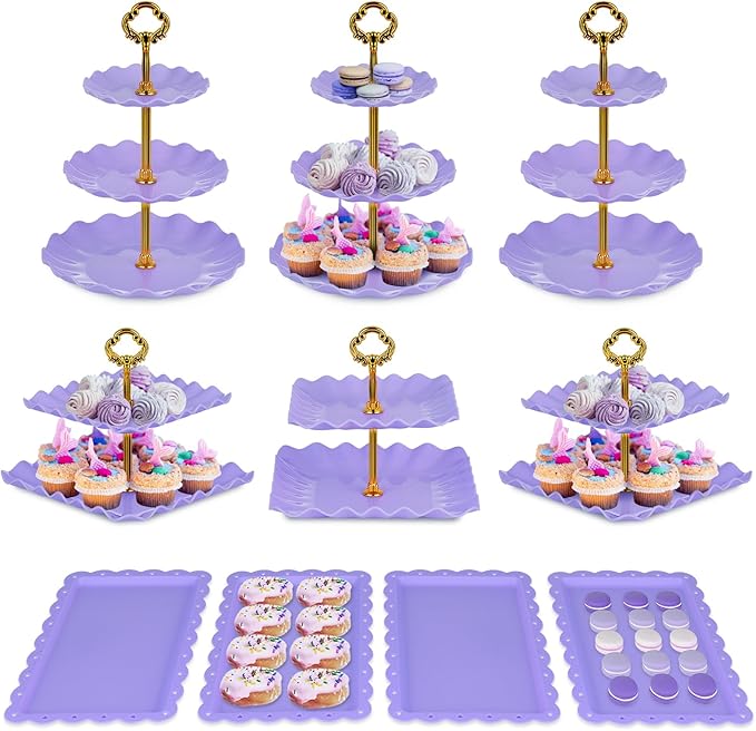 Pack of 10 NWK Cake Stand Set, with 3 x Two-Tier and 3 x Three-Tier Cupcake Stands, 4 x Appetizer Trays, 1 x Tablecloth for Birthday Bridal Baby Shower Party (Purple)