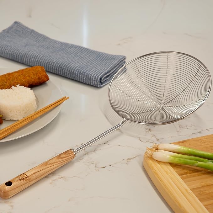 Joyce Chen Deluxe Kitchen Spider Strainer Stainless Steel 7-Inch Wire Basket with Heat-Resistant Wood Handle