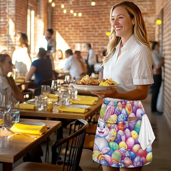 Server Waitress Waist Apron with 3 Pockets, Short Aprons for Servers,Waiter Apron For Waiter Accessories