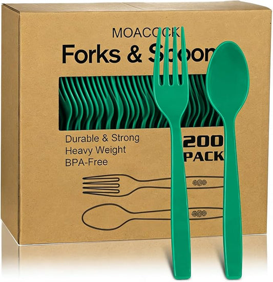 200 Count Green Plastic Silverware, Heavy Weight Plastic Forks Spoons Disposable Utensils Cutlery Set for Wedding Party Supplies Everyday Use