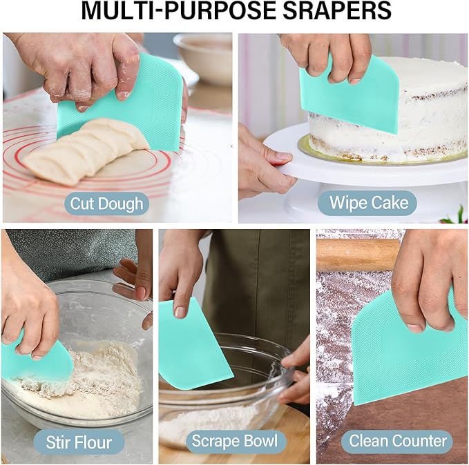 Bench Scraper, Premium Stainless Steel Dough Scraper with 2 PCS Flexible Bowl Scraper, Dough Cutter with Measuring Scale, Versatile Kitchen Scraper Set for Pastry Bread Pizza Cake