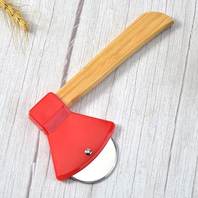 Funny & Cool Axe Pizza Cutter - Unique Men Dad Tool With Steel Сircular Saw, Plastic Cover for Wheel Blade Knife & Bamboo Handle - Cute Kitchen Gadgets Nonstick Stuff Slicer Accessories