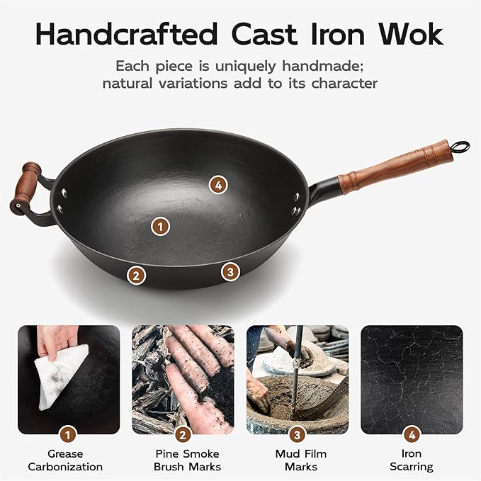 WANGYUANJI Cast Iron Wok Pan with Flat Bottom, 12.6 Inch Heavy Duty Uncoated Stir Fry Pan, Traditional Chinese Hand-Cast Deep Iron Pot for Electric Induction, Gas & Glass Top Stoves