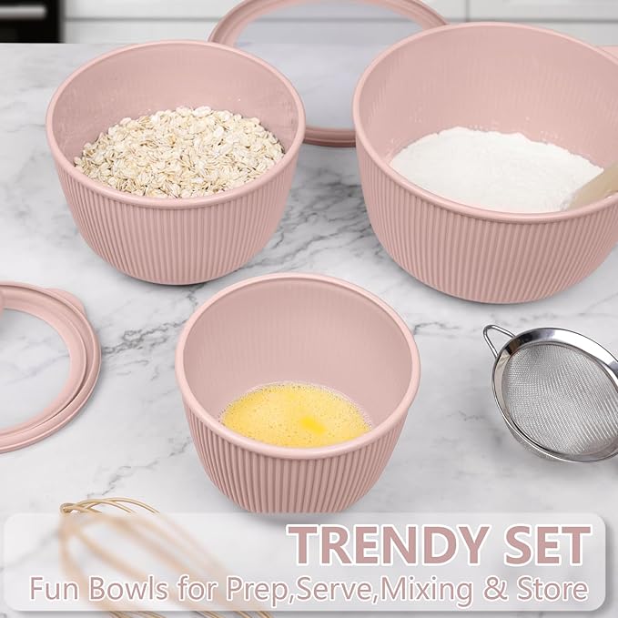 BoxedHome Mixing Bowls with Lids Set, 4 Packs BPA-Free Plastic Prep Bowls for Kitchen, Dishwasher & Microwave Safe, Pink