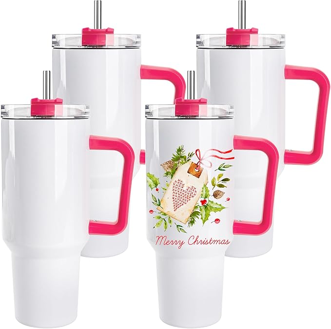 D·S 4 Pack Sublimation Tumblers 40 OZ with Handle Blank Insulated Large Tumbler Bulk, Coffee Travel Cups Stainless Steel Travel Mug for Diy Craft Heat Press Print
