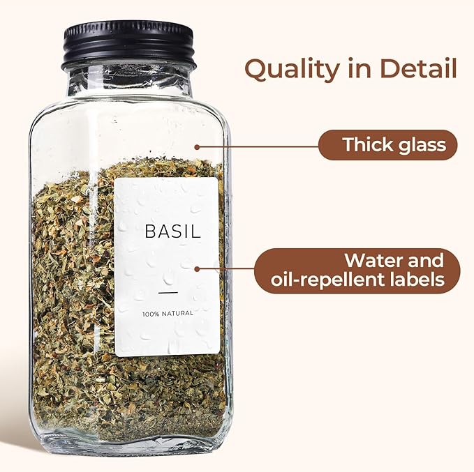 ComSaf Large Spice Jars, 6Pcs 8 oz glass spice bottle with lids, Empty Spice Containers and Square Spice Bottles, Trial Set & Supplement Set for Kitchen and Seasoning