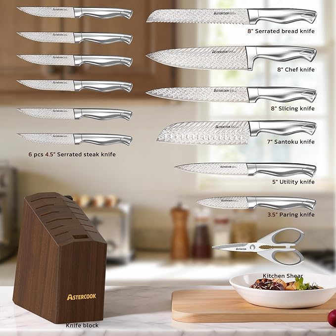 Astercook Knife Set, 15 Pieces Knife Sets for Kitchen with Block, Ultra-Sharp German High Carbon Stainless Steel Knife Block Sets with Built-in Sharpener, Dishwasher Safe Knives Set for Kitchen