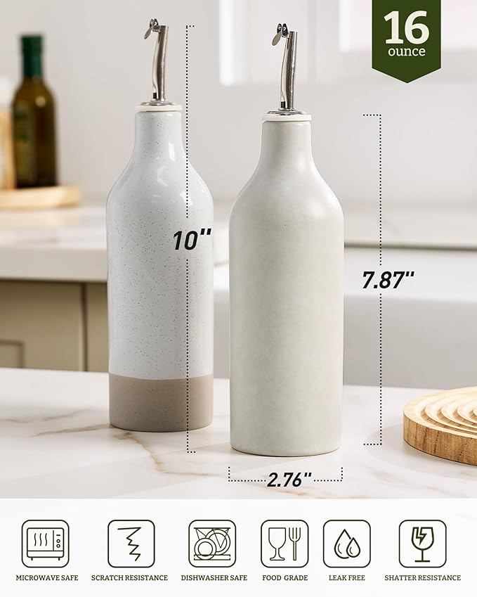 famiware Milkyway 16oz Ceramic Olive Oil Dispenser Bottle, Olive Oil and Vinegar Dispenser Bottle Set of 2 with Stainless Steel Pourers, for Storage Vinegar, Soy Sauce, Matte Beige White & White