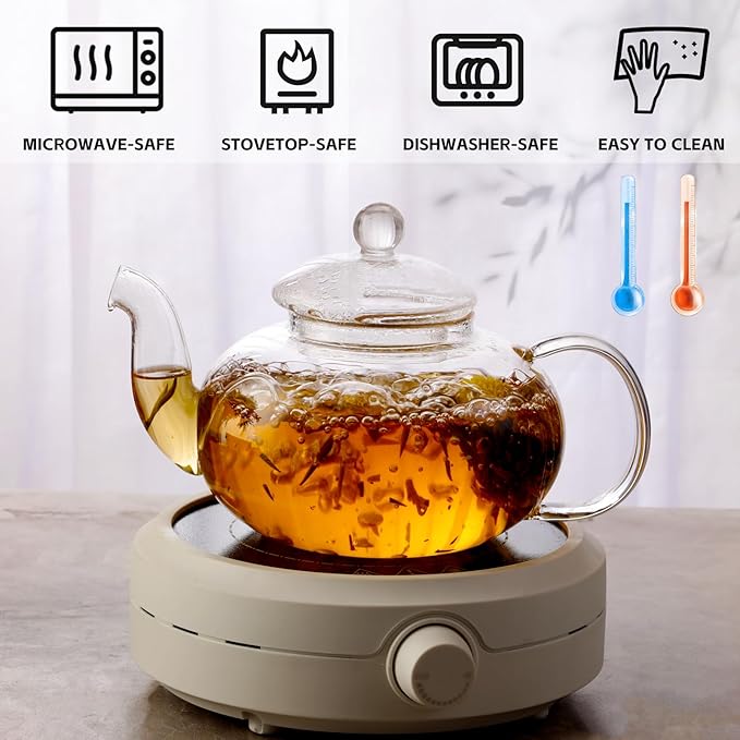 Glass Teapot Set, 27OZ/800ML Stovetop Safe Glass Tea Kettle with 6 Small Double Wall Tea Cups & Loose Tea Infuser & Tea Warmer, Microwave & Dishwasher Safe Tea Maker, Blooming Tea Gift Set