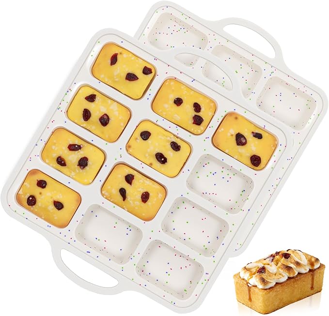 FUNBAKY Silicone Mini Loaf Pans with Metal Reinforced Frame,12-Cavity Nonstick Mini bread loaf pans for Baking Cornbread,Bread,Brownie,Cheesecake -2Pcs