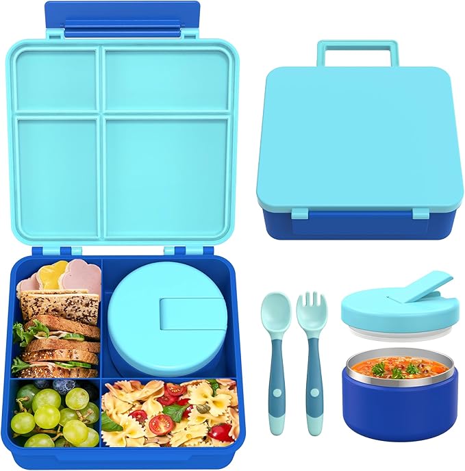 Bento Lunch Box Kids with 8oz Soup Thermo, Leak-Proof Lunch Containers with 4 Compartment, Thermo Hot Food Jar and Insulated Lunch Box for School Blue