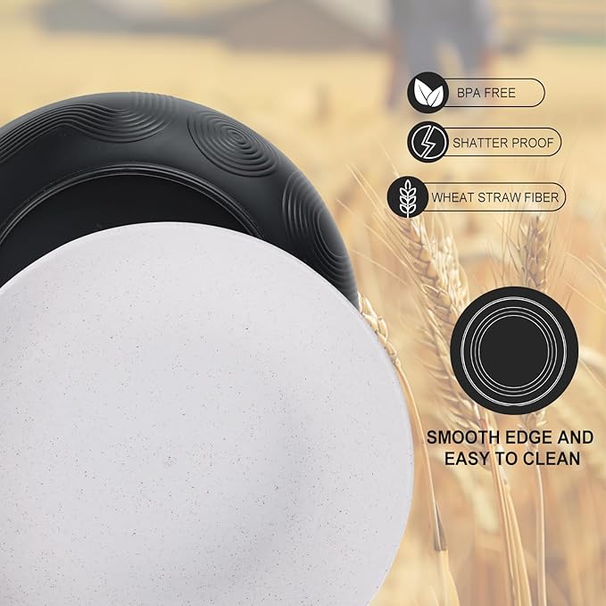 Wrova Wheat Straw Salad Bowls,65oz Unbreakable Wide and Shallow Dinner Bowls Set of 2,Microwave Safe Reusable Plastic Salad Bowls for Kids, Adults,Salad,Camping,RV.Black and White