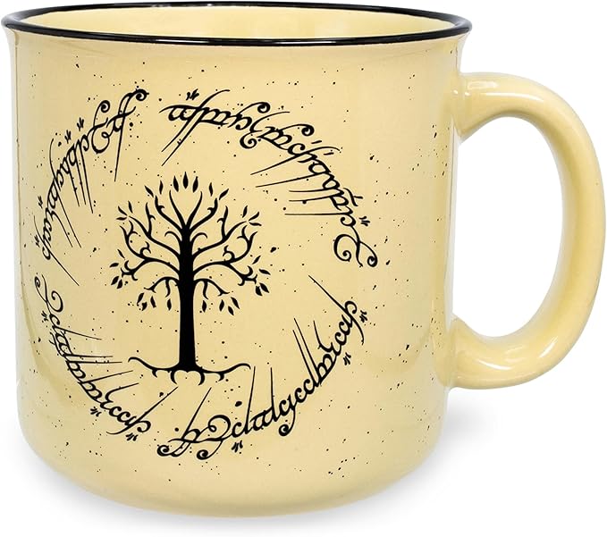 The Lord of the Rings Gondor Elven Script Ceramic Camper Mug | BPA-Free Travel Coffee Cup For Espresso, Caffeine, Cocoa | Home & Kitchen Essentials, Hobbit Gifts and Collectibles | Holds 20 Ounces
