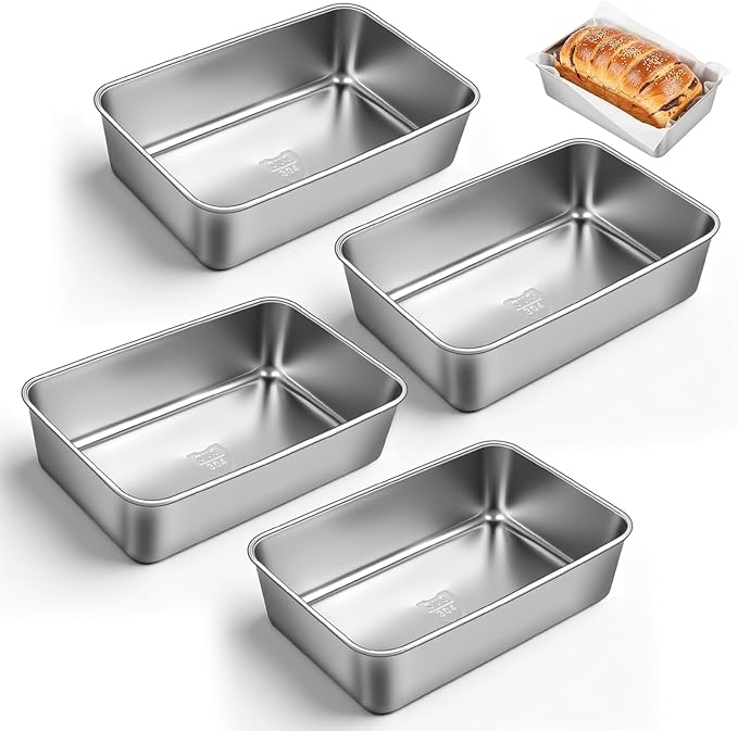 4 Packs 9×5 Inch Loaf Pans for Baking Bread, 304 Stainless Steel Loaf Bread Pan with Parchment Paper Liners, Metal Bakeware for Bread, Meatloaf, Cake & Brownies, Easy Release, Oven & Dishwasher Safe