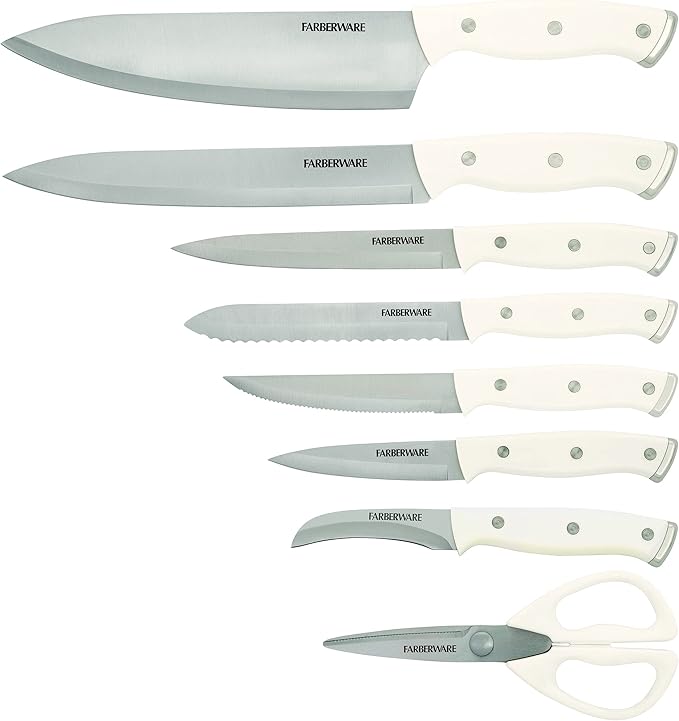 Farberware Edgekeeper Triple Riveted Slim Acacia Knife Block Set with Built in Sharpener, 14-Piece, White