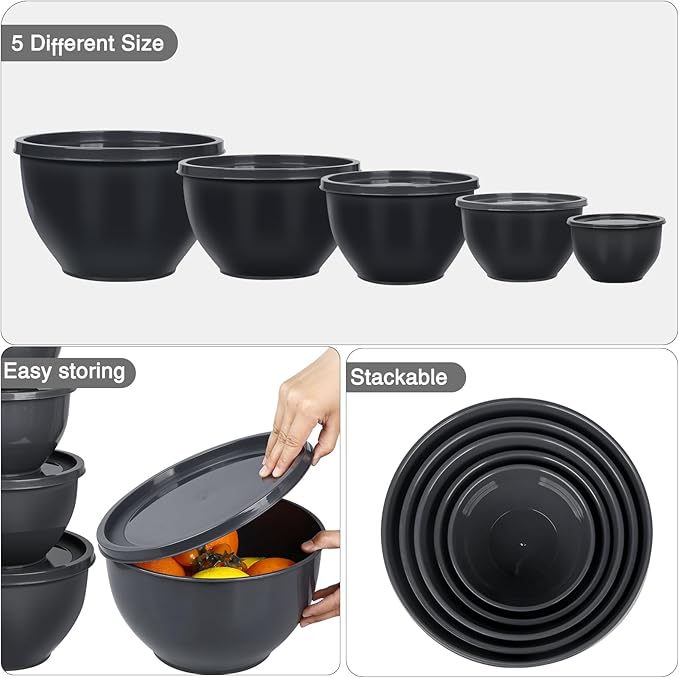 Plastic Mixing Bowls with Lids Set for Kitchen, Nesting Bowls for Mixing, Baking, Prepping, Cooking and Serving Food, Mixing Bowls Dishwasher, Microwave Safe (Dark Gray)